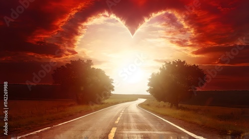 Romantic red heart-shaped sky at sunset with scenic road, clouds, and love-themed background