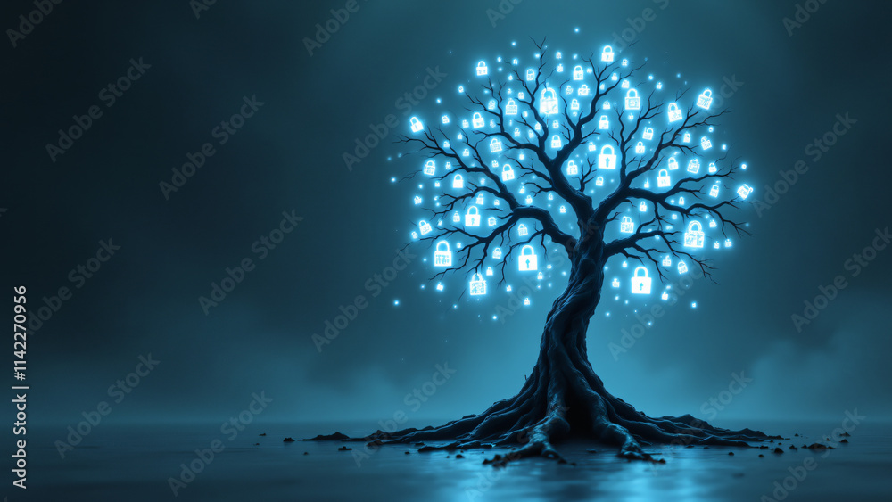 A striking blue tree adorned with glowing locks, symbolizing digital security and growth. A striking blue tree adorned with glowing locks, symbolizing digital security and growth.