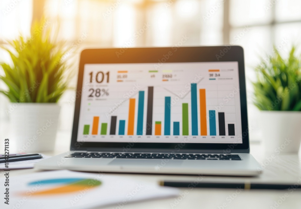 Laptop with Colorful Graphs and Charts in Modern Office Setting Laptop with Colorful Graphs and Charts in Modern Office Setting