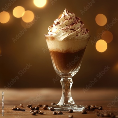 Mocha mousse in a transparent glass with a cream cap on the table