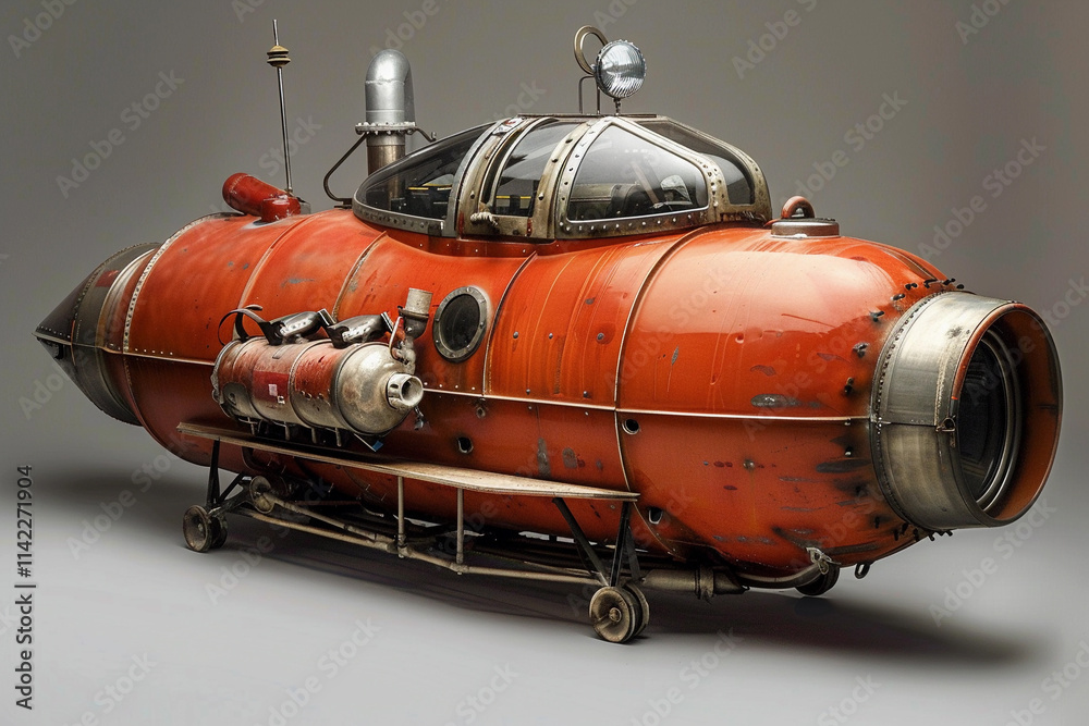 Beautiful large bathyscaphe floating in middle of ocean during exploration Beautiful large bathyscaphe floating in middle of ocean during exploration
