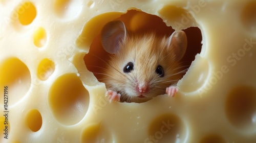 A little mouse peeks out of a hole in the cheese