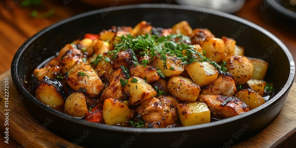 Roast Chicken with Potatoes on Rustic Table Roast Chicken with Potatoes on Rustic Table