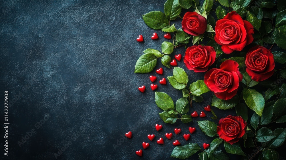 Romantic Red Roses and Hearts on Dark Background