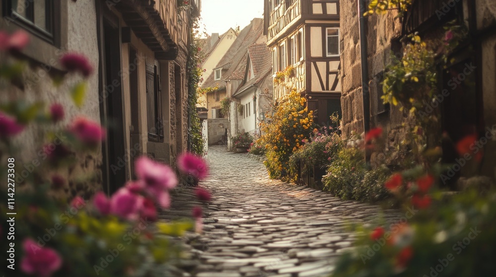 Cobblestone street in a charming European village, lined with historic half-timbered houses and vibrant flowers. Cobblestone street in a charming European village, lined with historic half-timbered houses and vibrant flowers.