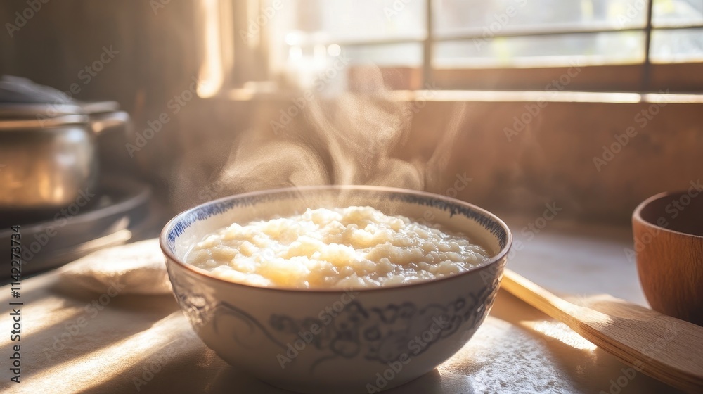 A hot bowl of rice porridge served in a cozy kitchen, with sunlight streaming through the window, creating a warm and inviting atmosphere for a homestyle breakfast.