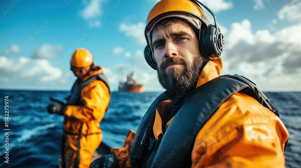 A mariner, focused and wearing protective gear, stands on a ship at dawn with the ocean in the background, reflecting determination and dedication to maritime duties. A mariner, focused and wearing protective gear, stands on a ship at dawn with the ocean in the background, reflecting determination and dedication to maritime duties.