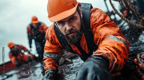 A bearded worker crawling on a wet deck in the rain, wearing orange protective gear and a hard hat, demonstrating determination and focus during tough conditions. photo