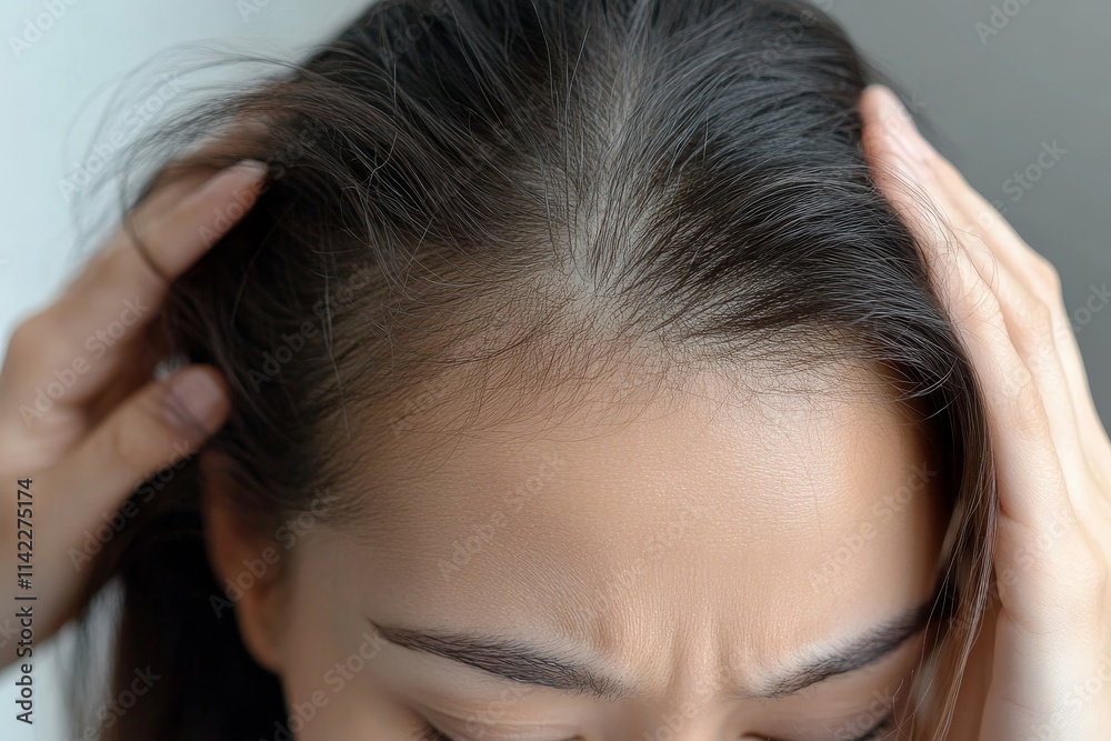 Hair loss problem, Asian woman look at scalp worry about balding, Generative AI Hair loss problem, Asian woman look at scalp worry about balding, Generative AI
