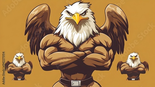 A muscular cartoon eagle character mascot flexing its strong muscles in flat vector illustration. Concept for logos, team mascots, branding, strength, athletic or competitive branding themes. photo