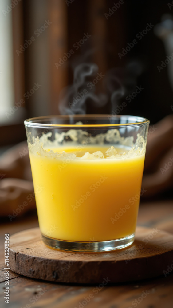 A glass of frothy orange juice with steam rising from its top on a wooden surface. A glass of frothy orange juice with steam rising from its top on a wooden surface.