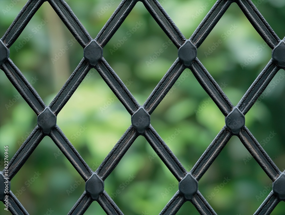 A close-up of a black diamond-patterned fence against a blurred green background, highlighting its texture and geometric design. A close-up of a black diamond-patterned fence against a blurred green background, highlighting its texture and geometric design.
