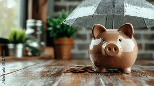 Clay piggy bank beside a stack of coins under a small umbrella on a wooden table, symbolizing savings and financial security, with a cozy background setup. photo