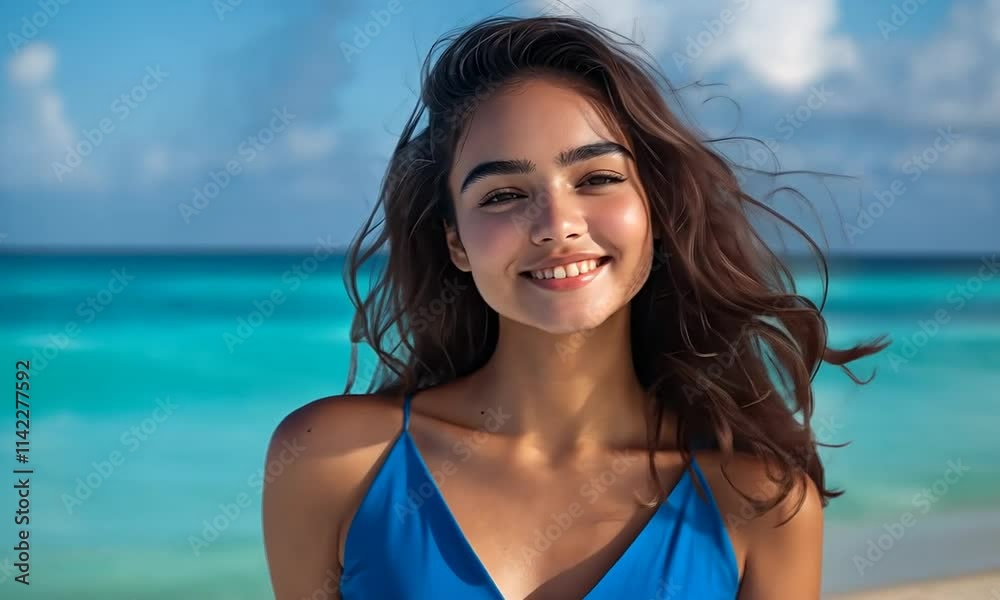 An extremely beautiful and attractive woman with medium-length hair, wearing an electric blue sleeveless dress, standing on the beach in front of turquoise water in the Maldives An extremely beautiful and attractive woman with medium-length hair, wearing an electric blue sleeveless dress, standing on the beach in front of turquoise water in the Maldives