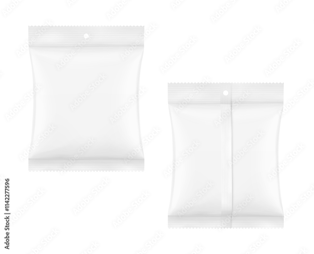 Blank realistic pillow bag with hang slot mockup. Front and back view. Vector illustration isolated on white background. Perfect to create your final pack shot. EPS10. Blank realistic pillow bag with hang slot mockup. Front and back view. Vector illustration isolated on white background. Perfect to create your final pack shot. EPS10.