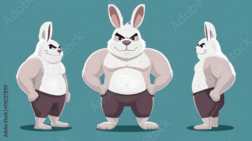 A muscular cartoon rabbit character mascot flexing its strong muscles in flat vector illustration. Concept for logos, team mascots, branding, strength, athletic or competitive branding themes. photo