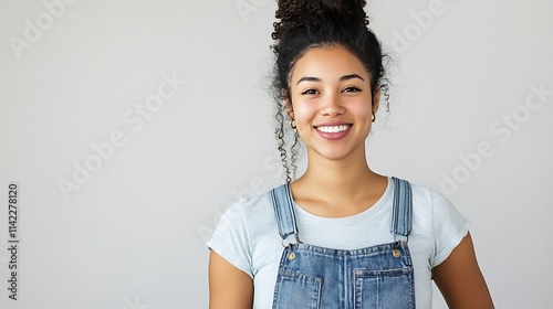 Female model in casual denim overalls, smiling warmly against a neutral background