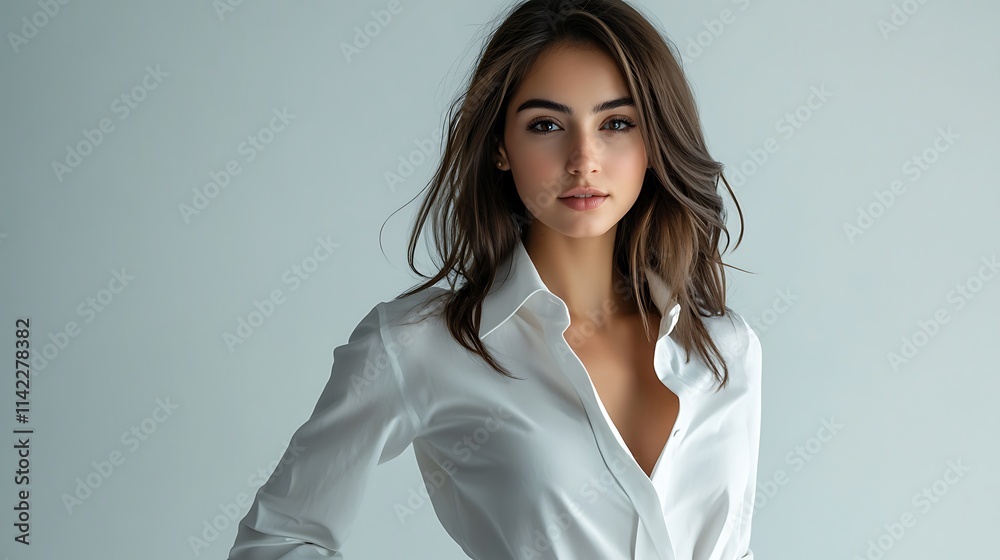 Confident female model in white shirt and tailored pants, clean studio lighting,