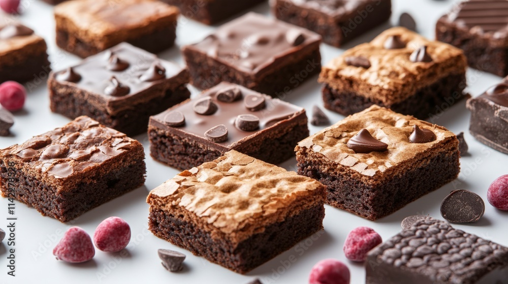 Delicious Assortment of Brownie Squares with Chocolate and Raspberries Set on a Soft White Surface for Food Photography and Dessert Inspiration Delicious Assortment of Brownie Squares with Chocolate and Raspberries Set on a Soft White Surface for Food Photography and Dessert Inspiration