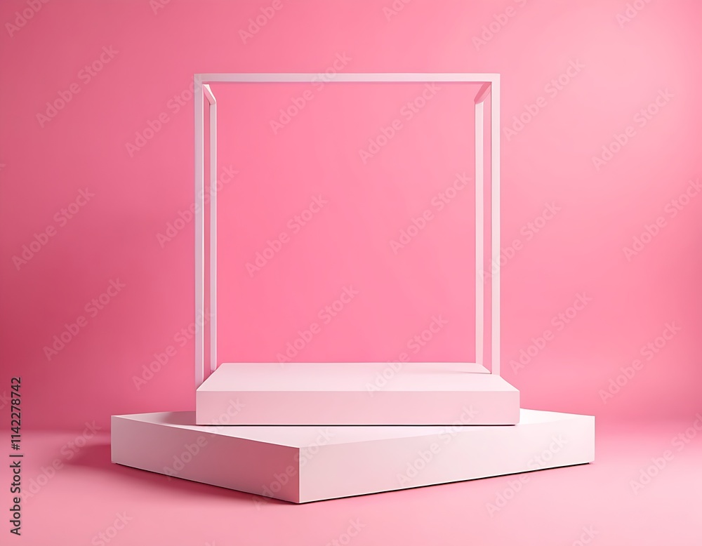 Geometri shapes podium for product display. Monochrome platform on pink background. Simple and Stylish background for cosmetic product presentation Geometri shapes podium for product display. Monochrome platform on pink background. Simple and Stylish background for cosmetic product presentation
