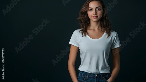 Female model in casual jeans and t shirt, with a friendly and approachable pose