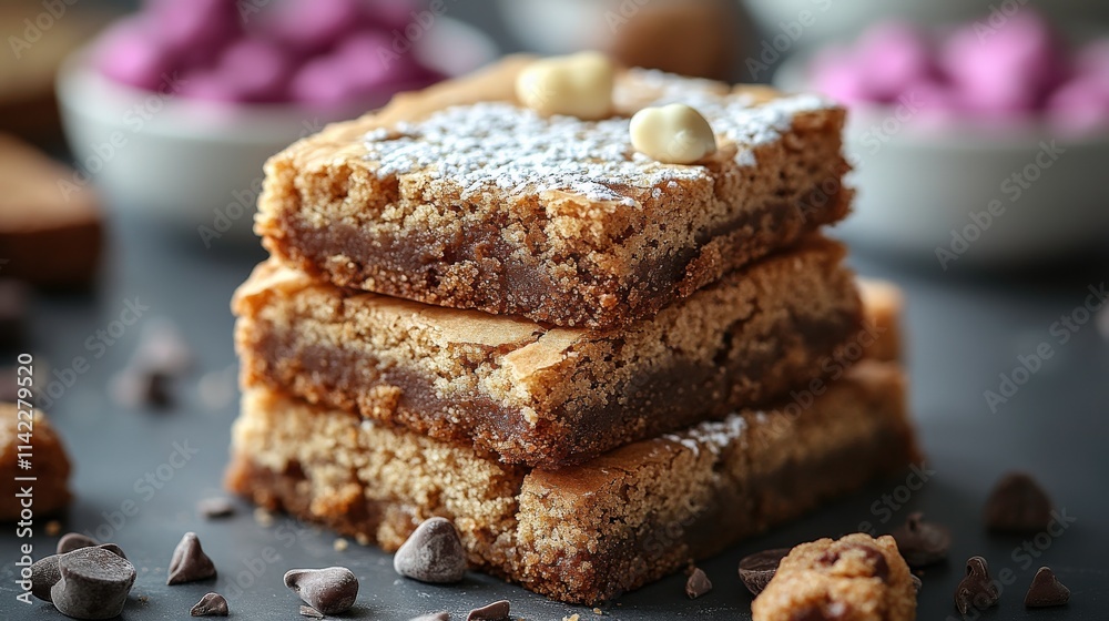 Delicious Chocolate Chip Cookie Bars Stacked on a Dark Surface Surrounded by Colorful Candies and Sweet Treats, Perfect for Dessert Lovers and Bakeries Delicious Chocolate Chip Cookie Bars Stacked on a Dark Surface Surrounded by Colorful Candies and Sweet Treats, Perfect for Dessert Lovers and Bakeries