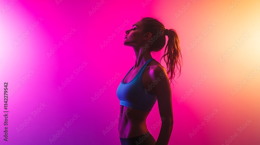 Female model in sporty fitness attire, standing strong under vibrant studio lighting