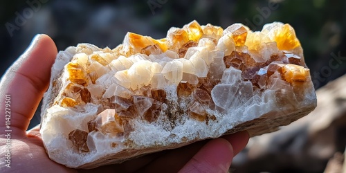 Close up of a calcite mineral specimen held in hand, showcasing the unique textures and colors of the calcite mineral. The calcite mineral s intricate details are beautifully displayed. photo