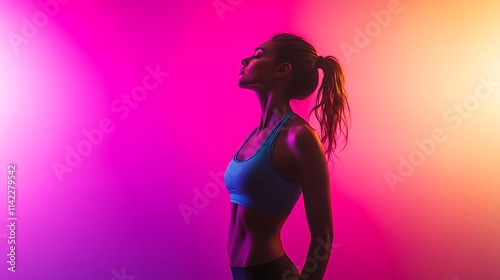 Obraz na płótnie Female model in sporty fitness attire, standing strong under vibrant studio lighting w salonie