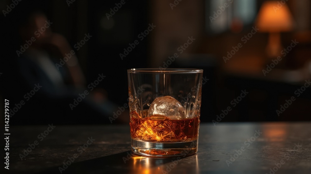 Whiskey and Ice on a Sleek Dark Table Whiskey and Ice on a Sleek Dark Table