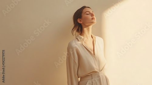 Obraz na płótnie Female model in minimalist beige outfit, standing against cream studio backdrop w salonie