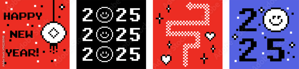Y2k Chinese New Year 2025 greeting card set in tech style. Pixel art. Mood of 90s aesthetics. 8 bit retro style vector illustration. Simple geometric sticker. Snake symbol. Game abstract elements Y2k Chinese New Year 2025 greeting card set in tech style. Pixel art. Mood of 90s aesthetics. 8 bit retro style vector illustration. Simple geometric sticker. Snake symbol. Game abstract elements