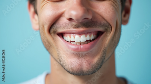 Young Man with Beautiful Smile of White Healthy Teeth against Clean Blue Background, Teeth Whitening and Dentistry