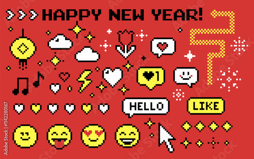 Set of y2k Chinese New Year pixel icons. Mood of 90s aesthetics. 8 bit retro style vector illustration. Red background. Simple geometric collage sticker. Smile, snake, flower. Game abstract elements