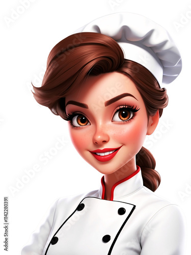 Cute Funny Happy Smiling Female Chef Baker 3D Cartoon style On A Isolated Background