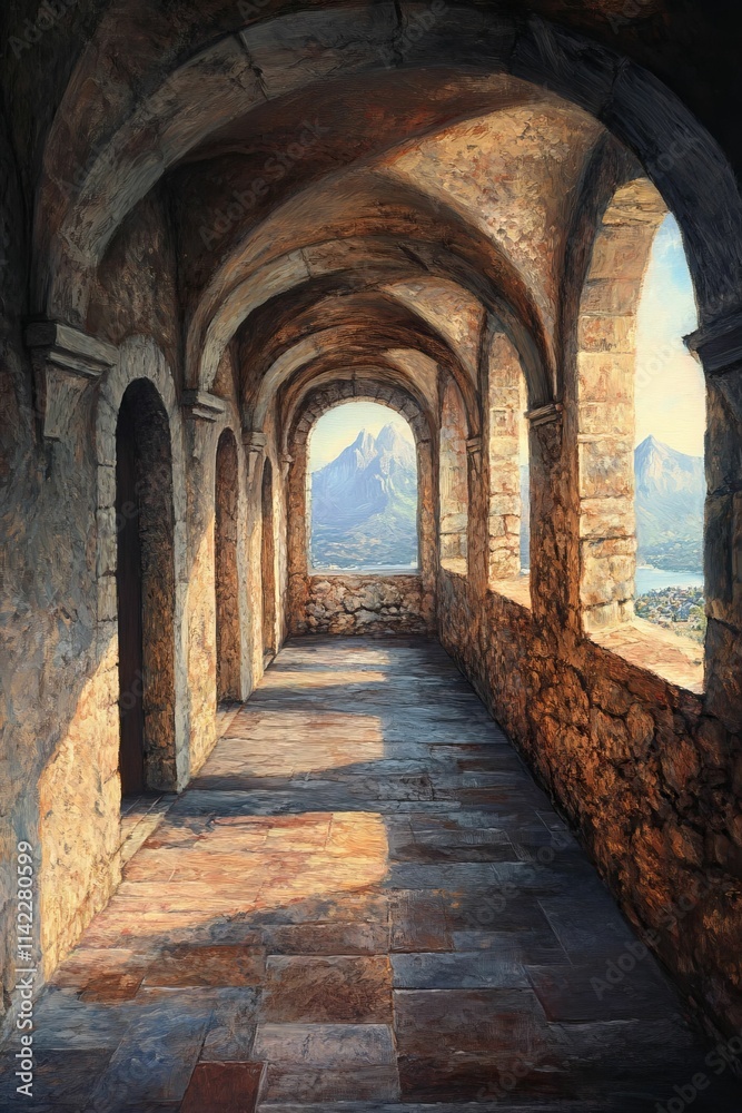 Fototapeta premium Stone passageway; arched openings; mountain vista.