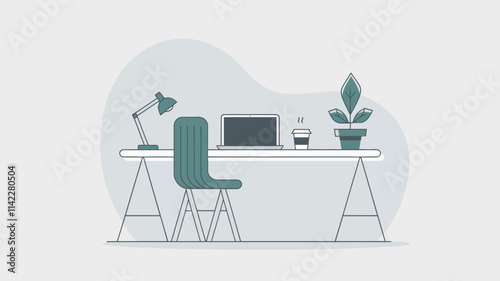 A serene workspace featuring a minimalist desk with a laptop, coffee cup, and a potted plant, set against a white background.