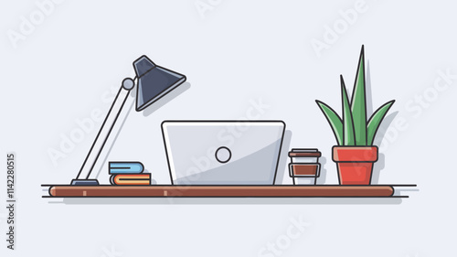 A serene workspace featuring a minimalist desk with a laptop, coffee cup, and a potted plant, set against a white background.