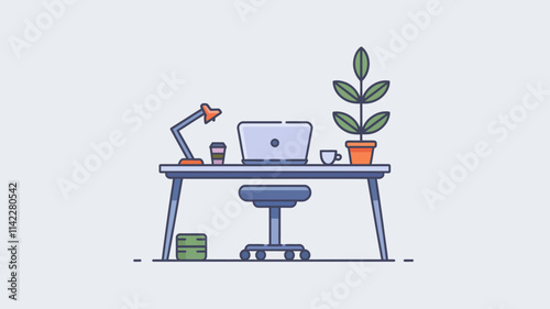 A serene workspace featuring a minimalist desk with a laptop, coffee cup, and a potted plant, set against a white background.