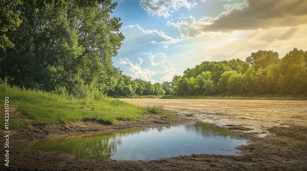 A serene landscape of a riverbank with green trees contrasted with another view of a dried-up riverbed, illustrating the dramatic effects of changing weather patterns. A serene landscape of a riverbank with green trees contrasted with another view of a dried-up riverbed, illustrating the dramatic effects of changing weather patterns.