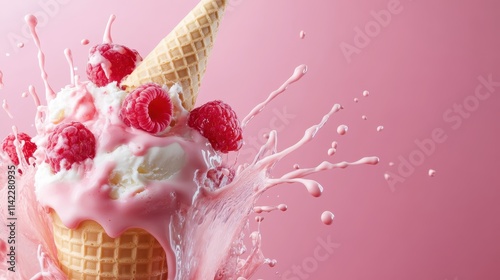 A dynamic image of ice cream in a waffle cone with a pink splash and raspberries, capturing the essence of sweet indulgence and vibrant movement. photo