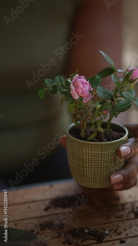 A pair of hands gently holding a lovely potted pink flower plant in soft natural light