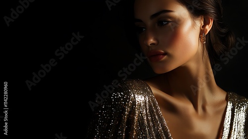 Female model in a sparkling metallic dress, standing boldly with high contrast lighting, studio ambiance with copy space