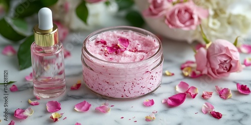 Plant based skincare beauty treatment featuring pink rose petals. This skincare collection includes a jar of body moisturizer and an attar bottle of toning lotion, showcasing natural cosmetic photo