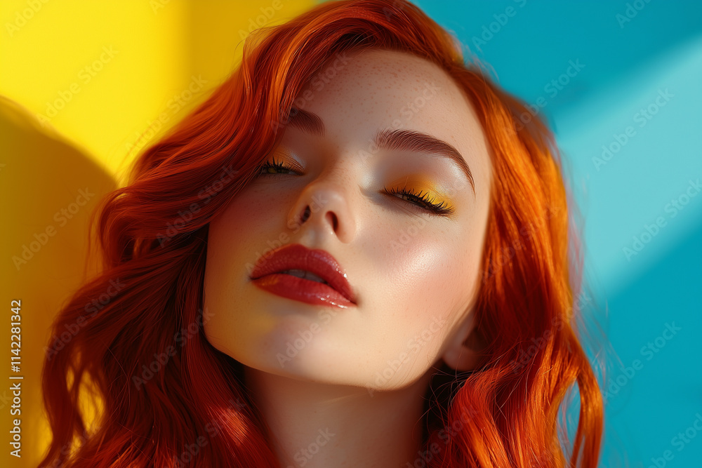 Fototapeta premium Vibrant Redhead Against Colorful Background