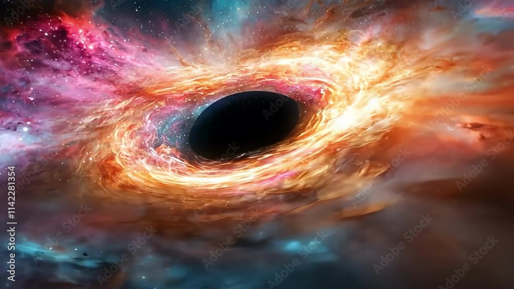 A swirling black hole portal in the endless expanse of space, surrounded by vibrant nebulae in shades of pink, purple, and blue, shimmering with an otherworldly light.