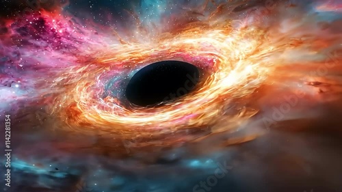 A swirling black hole portal in the endless expanse of space, surrounded by vibrant nebulae in shades of pink, purple, and blue, shimmering with an otherworldly light.