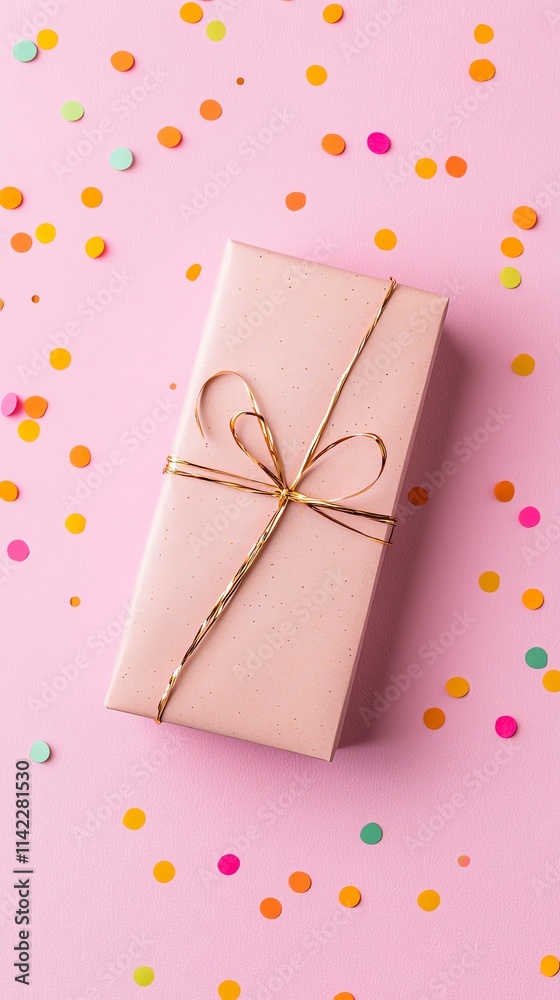 A close-up shot of a beautifully wrapped gift box with a golden ribbon bow, isolated on a textured surface with glowing confetti and soft golden light creating a festive mood A close-up shot of a beautifully wrapped gift box with a golden ribbon bow, isolated on a textured surface with glowing confetti and soft golden light creating a festive mood