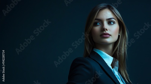 Obraz na płótnie Female model in sleek corporate attire, standing confidently with sharp and clean lighting for an advertisement w salonie