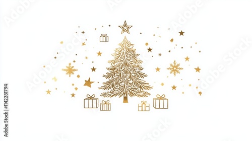 A logo design featuring a Christmas tree, star, and other elements in gold foil on a white background. The central focus is the silhouette of an ornate Christmas pine tree with glittering stars photo